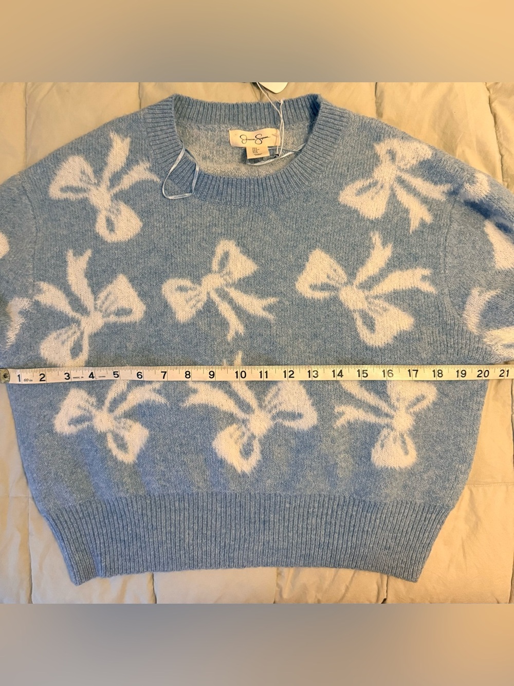 Jessica Simpson Allover Bow Cropped Crewneck Sweater Blue White S - Picture 9 of 11